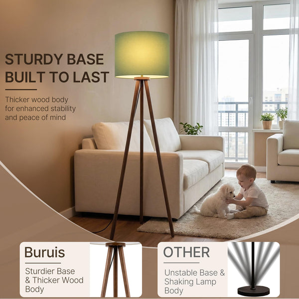 Rubberwood Tripod Floor Lamp — 60.6", 15.7" Linen Shade, Walnut Finish, E26