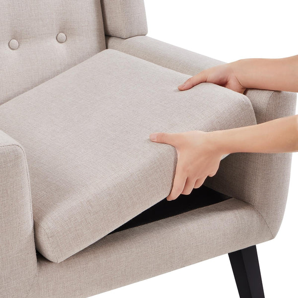 Mid-Century Modern Accent Chair – Button Tufted, Beige Linen