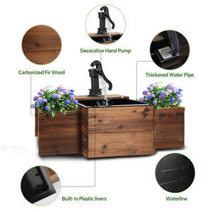 Outdoor Wooden Water Fountain with Hand Pump & Flower Box