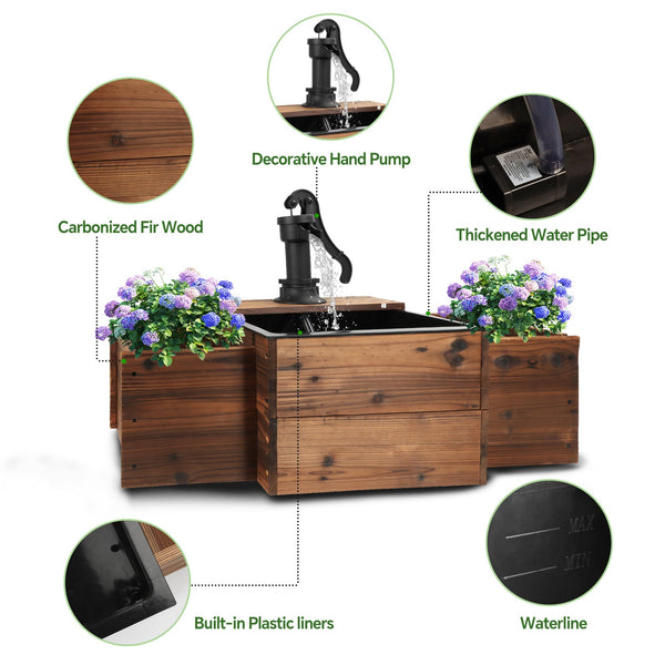 Outdoor Wooden Water Fountain with Hand Pump & Flower Box