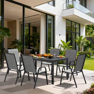 7-Piece Outdoor Patio Dining Set – Steel Slat Table & Textilene Chairs