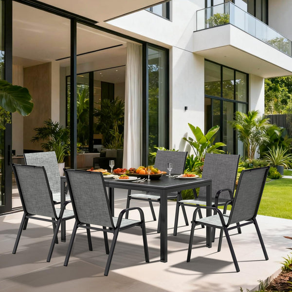 7-Piece Outdoor Patio Dining Set – Steel Slat Table & Textilene Chairs