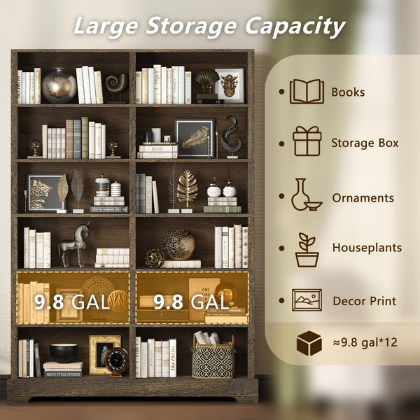 76" Tall 6-Tier Wood Bookcase with 12 Compartments