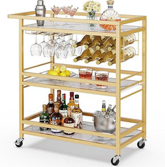 3-Tier Rolling Bar Cart with Wine Rack & Glass Holder