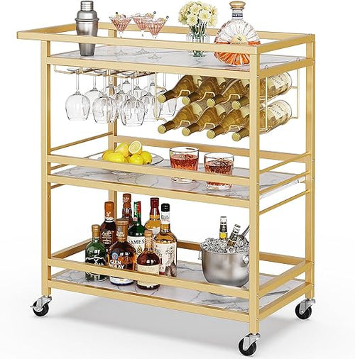 3-Tier Rolling Bar Cart with Wine Rack & Glass Holder
