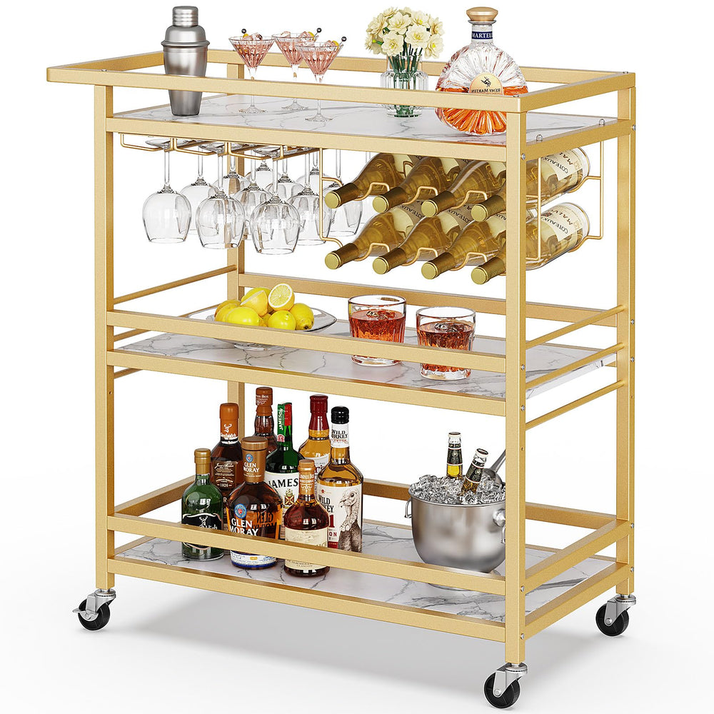 3-Tier Rolling Bar Cart with Wine Rack & Glass Holder