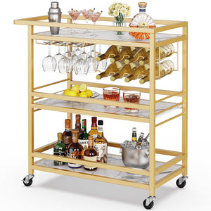 3-Tier Rolling Bar Cart with Wine Rack & Glass Holder