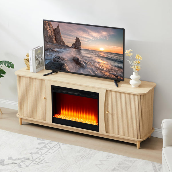 Fireplace TV Stand with Sliding Doors & Storage