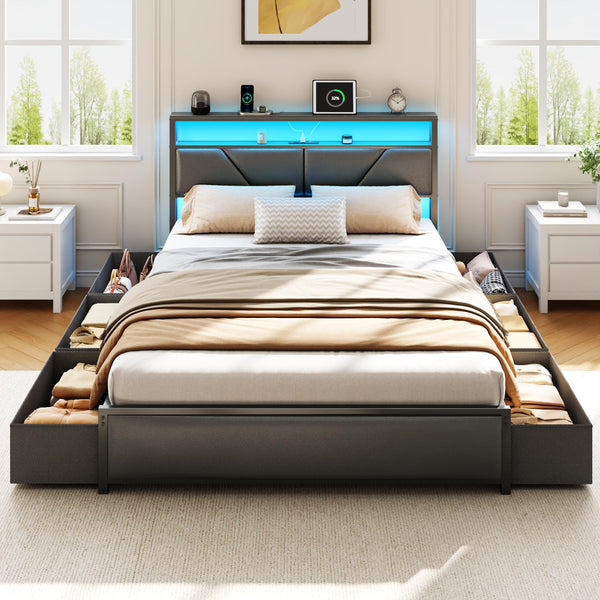 Queen & Full Platform Bed with Storage Headboard, LED Lights & Charging Station