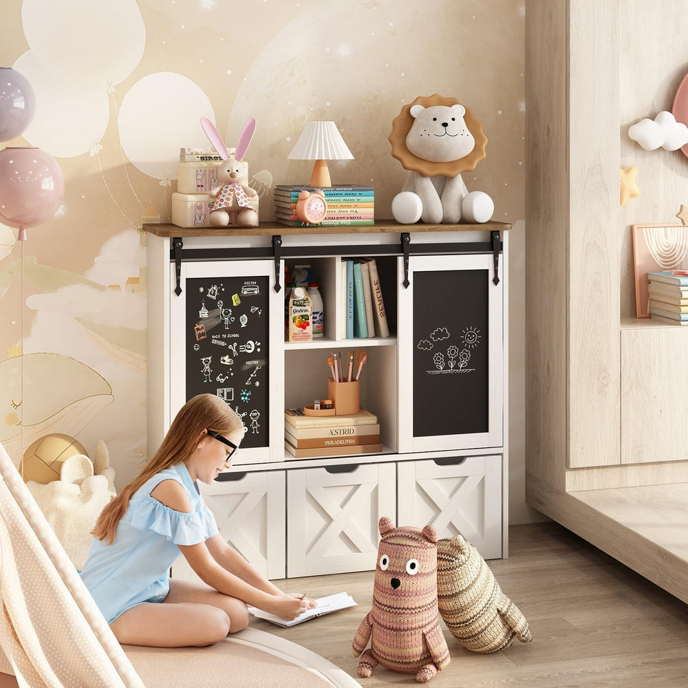 Kids Toy Storage Cabinet with Sliding Chalkboard & 3 Drawers