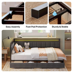 Corner Bed Frame with Storage Drawers, LED Lights & Charging Station