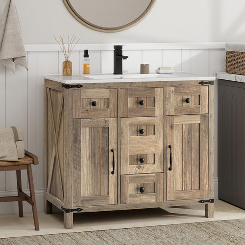 Farmhouse Bathroom Vanity with Sink – Rustic Brown Cabinet, Ceramic Undermount Sink, Faucet & Drain