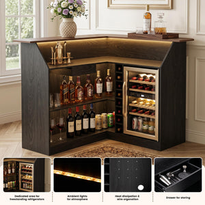 L-Shaped Home Bar Unit with LED Strip, Stemware Racks & Fridge Space – Black & Walnut