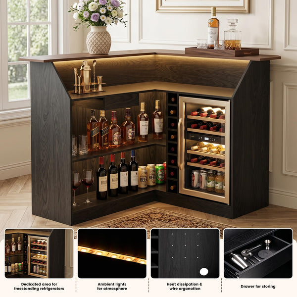 L-Shaped Home Bar Unit with LED Strip, Stemware Racks & Fridge Space – Black & Walnut