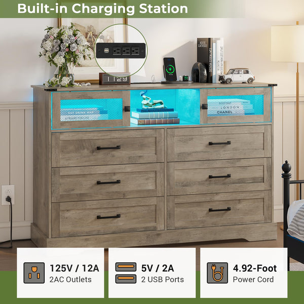 6 Drawer Dresser with LED Lights and Charging Station – Farmhouse Chest of Drawers, Rustic Oak