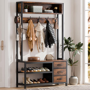 6-in-1 Hall Tree with Bench, 12 Hooks, 3 Drawers & Shoe Storage – 31.5"L x 11.8"W x 20.5"H