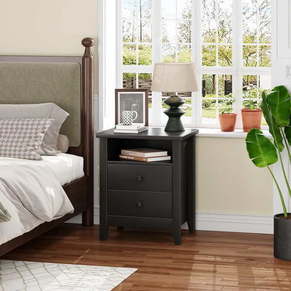 Farmhouse Nightstand Set of 2 with 2 Drawers and Open Shelf