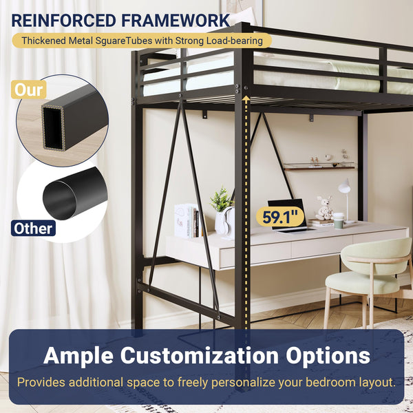 Twin Size Metal Loft Bed with Guardrail & Movable Ladder