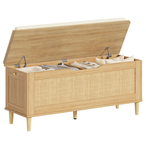 Keehusux 47.2" Rattan Storage Chest with Padded Seat Cushion, Extra Large Storage Bench with 2 Safety Hinges, Storage Trunk with Solid Wood Legs & Rounded Corners for Entryway, Bedroom, Natural Oak