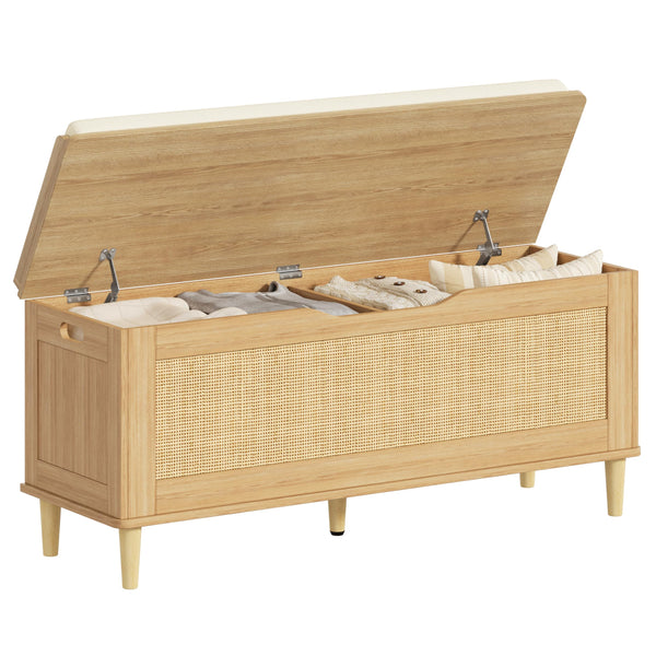 Keehusux 47.2" Rattan Storage Chest with Padded Seat Cushion, Extra Large Storage Bench with 2 Safety Hinges, Storage Trunk with Solid Wood Legs & Rounded Corners for Entryway, Bedroom, Natural Oak