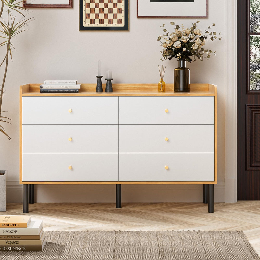 6 Drawer Dresser with Wood Frame and Metal Handles