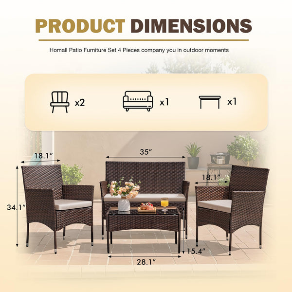 4-Piece Outdoor Patio Furniture Set – Rattan Wicker Chairs with Table
