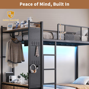 Twin Over Twin Bunk Bed with Storage Drawers, LED Lights & Charging Station