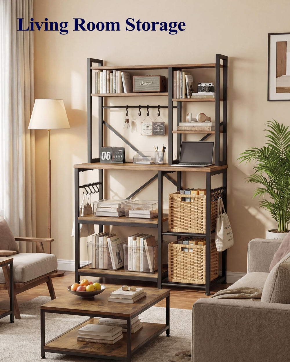 Baker's Rack with Power Outlet 12 Hooks Multi-Shelf Kitchen Storage