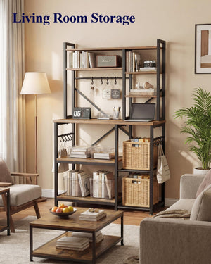 Baker's Rack with Power Outlet 12 Hooks Multi-Shelf Kitchen Storage
