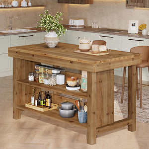 Solid Wood Kitchen Island with 3-Tier Open Shelves, 55 Inch Counter Height
