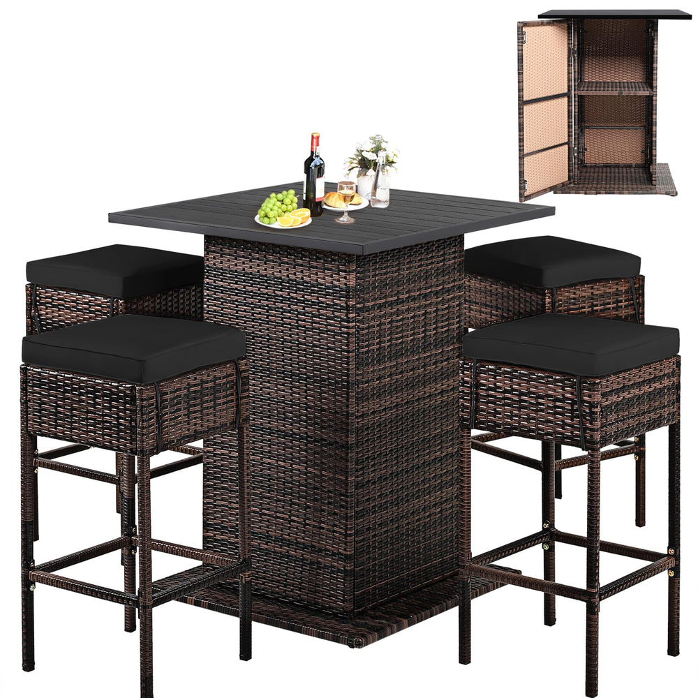 5-Piece Outdoor Wicker Bar Set with 4 Stools & Hidden Storage