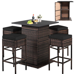 5-Piece Outdoor Wicker Bar Set with 4 Stools & Hidden Storage