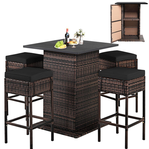 5-Piece Outdoor Wicker Bar Set with 4 Stools & Hidden Storage