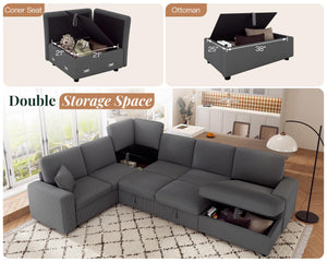 U-Shaped Sectional Sofa Bed with Storage, 6-Seater, 130"