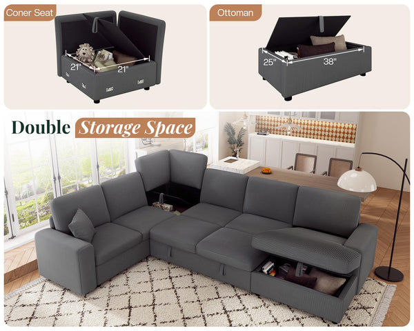 U-Shaped Sectional Sofa Bed with Storage, 6-Seater, 130"