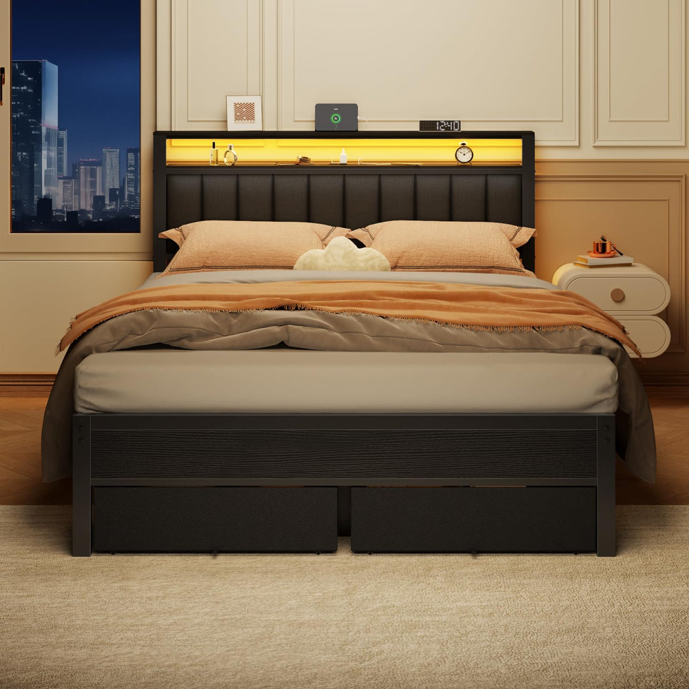 Queen Bed Frame with LED Lights, Charging Station & Storage Drawers