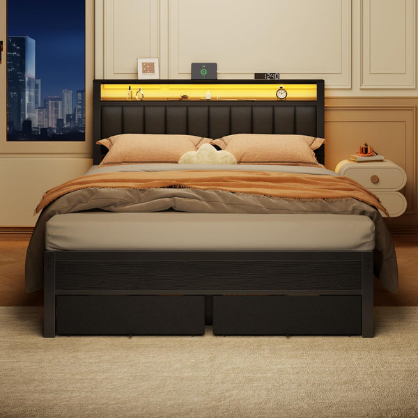 Queen Bed Frame with LED Lights, Charging Station & Storage Drawers