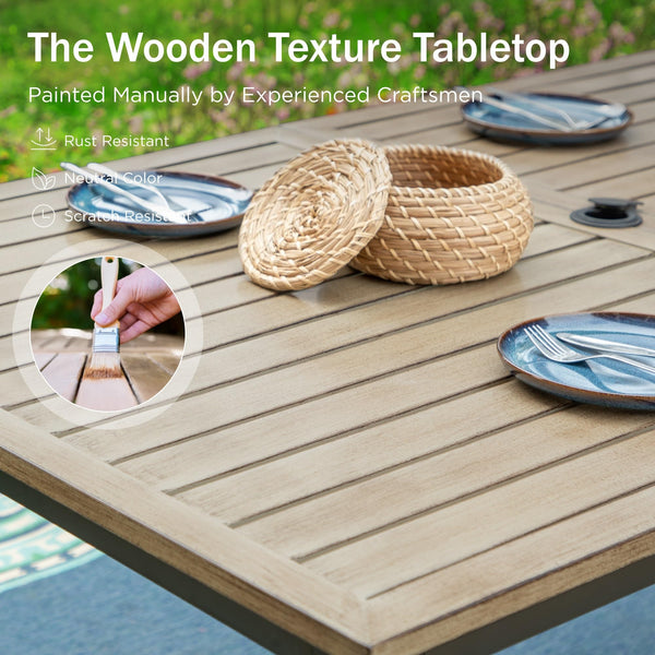 Outdoor Rectangular Dining Table with Metal Frame & Umbrella Hole