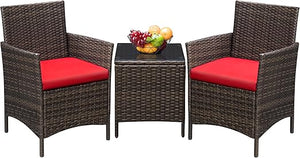 3-Piece Outdoor Rattan Patio Furniture Set with Cushions & Glass Table
