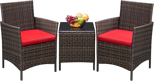 3-Piece Outdoor Rattan Patio Furniture Set with Cushions & Glass Table