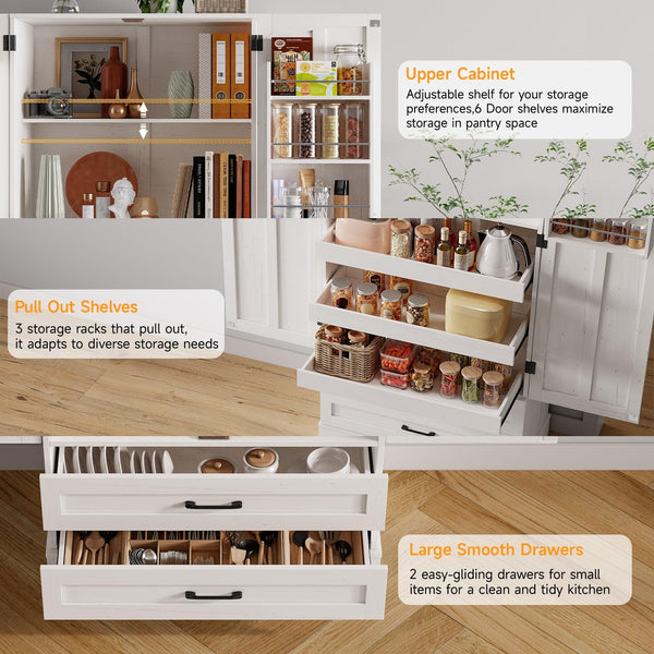 71" Farmhouse Kitchen Pantry Cabinet with Pull-Out Shelves & Drawers
