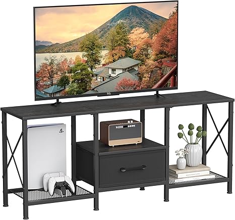 Industrial TV Stand with Fabric Drawer & Open Shelves