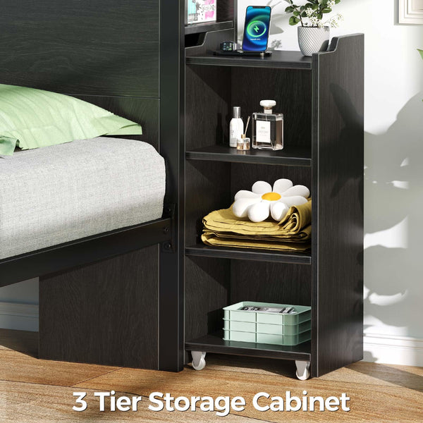 Metal Bed Frame with Storage Headboard, LED Lights & Charging Station