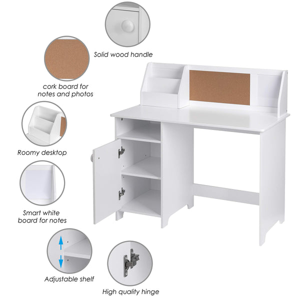 Kids Study Desk with Storage Hutch & Cabinet – Engineered Wood, Ages 3–8, White