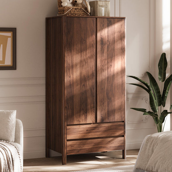 2-Door 2-Drawer Wardrobe with Engineered Wood Storage Cabinet