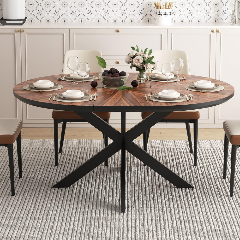 Extendable Round Dining Table with Removable Leaf, Seats 4–6, Walnut