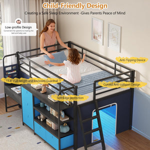 Low Loft Bed with Desk, Storage Drawers & LED Lights – Twin