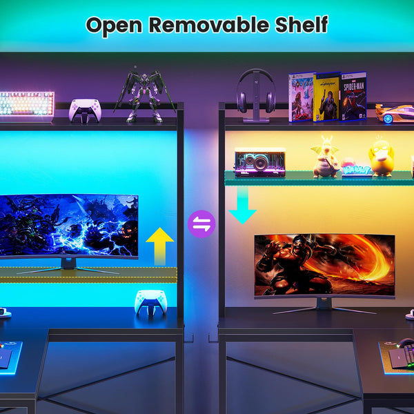 L-Shaped Corner Desk with Power Outlet & LED Lights