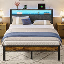 Platform Bed Frame with LED Lights & Charging Station – Storage Headboard, Metal Slats