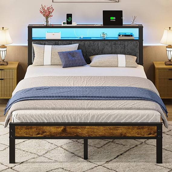 LED Bed Frame with Storage Headboard & Charging Station